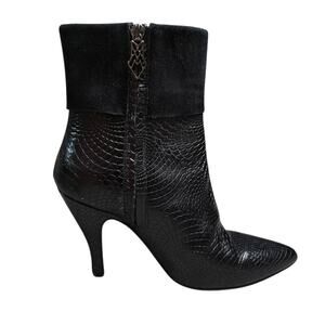 Marchez Vous Black Textured Leather Heeled Ankle Boots Suede Cuff Italy Size 6.5